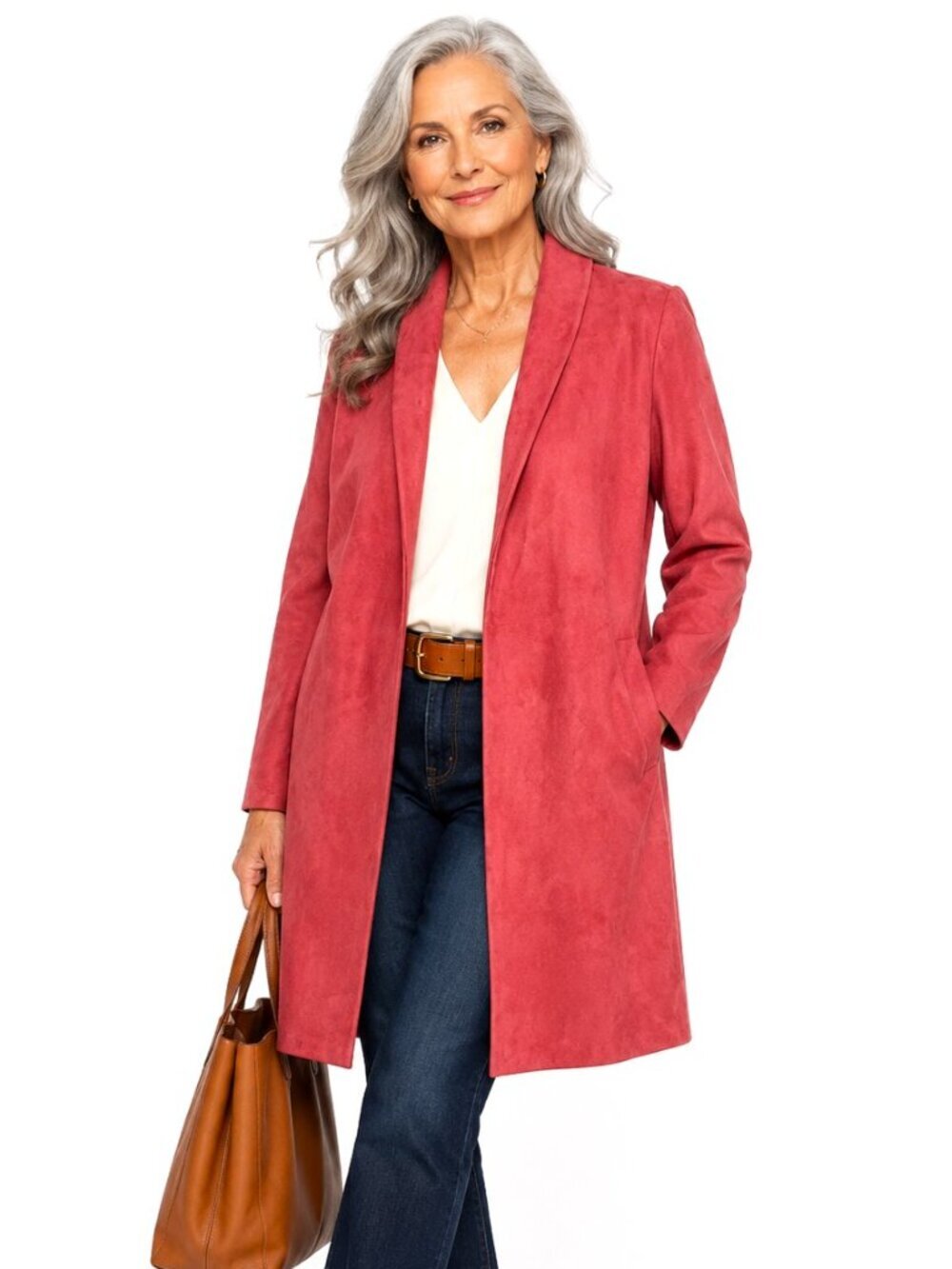 T Tahari Rose Pink Faux Suede Mid-Length Trench Coat